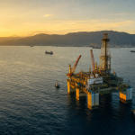 Plataforma de petróleo em alto-mar durante o amanhecer, representando a oferta de áreas exploratórias pela ANP