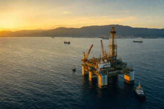 Plataforma de petróleo em alto-mar durante o amanhecer, representando a oferta de áreas exploratórias pela ANP
